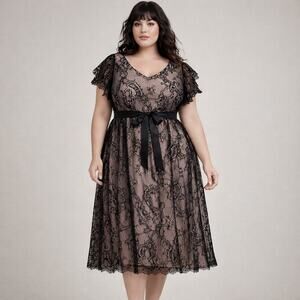 Lane Bryant Lace Overlay Dress Womens 22 Black Blush Midi A Line Formal